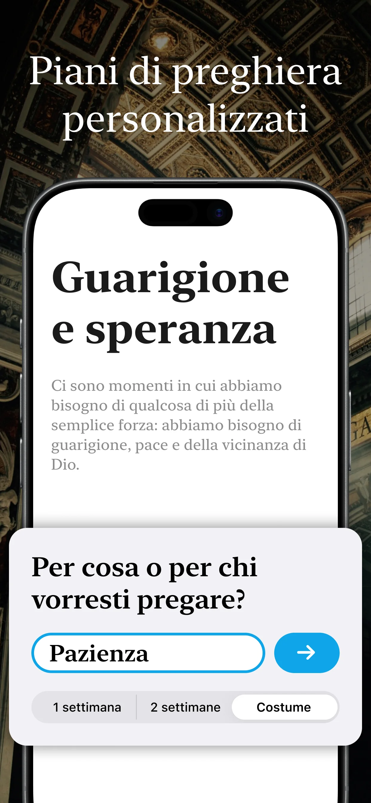Anteprima dell'app cattolica Corvia - schermata iniziale per la preghiera e l'elenco delle novene